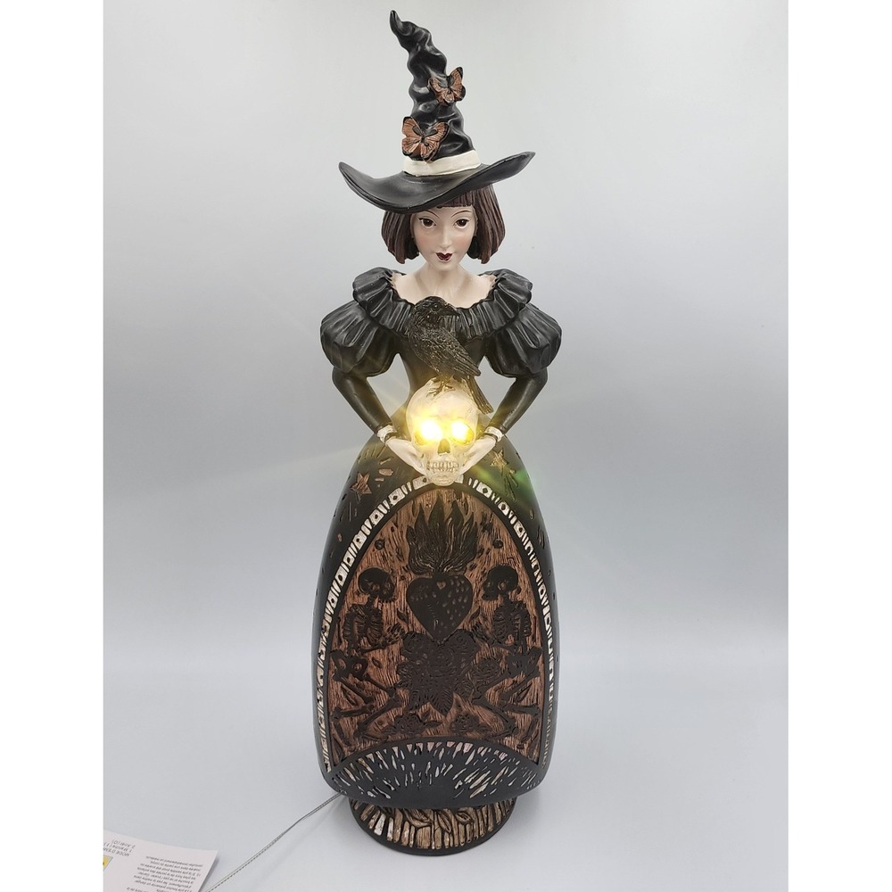 Hallow's Eve Witch Figurine Light Up Skull Black Gothic Halloween Decor 18 in